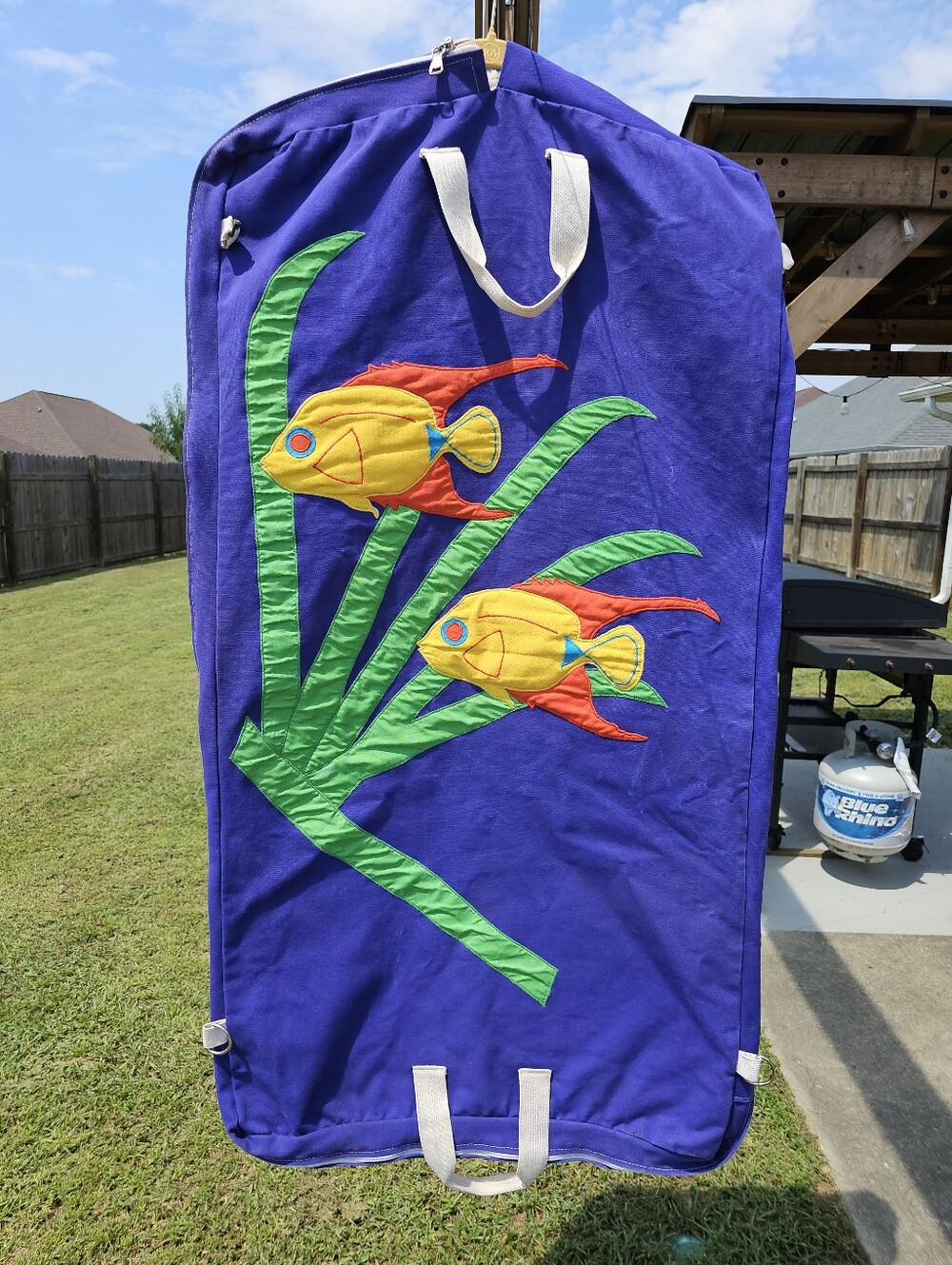 Rare 80s Tree Tops Hingham Mass Canvas Whimsical Tropical Fish Garment Bag
